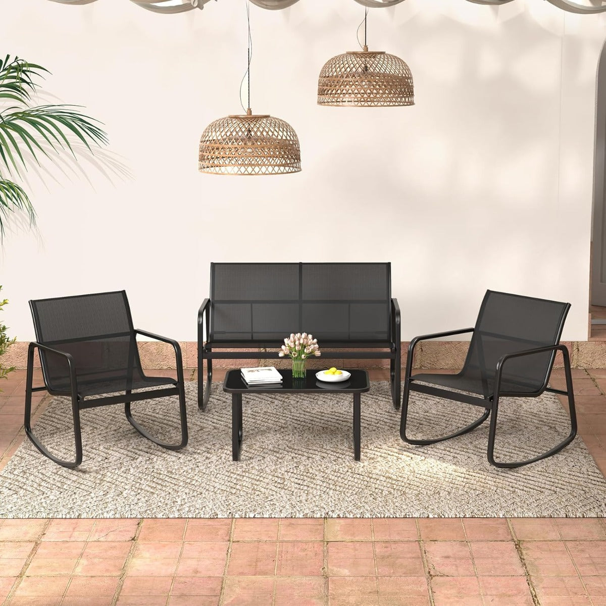Conjunto de Móveis de Jardim Bistrô de 4 Peças com Sofá, 2 Cadeiras de Baloiço e Mesa de Café em Vidro para Varanda ou Terraço
