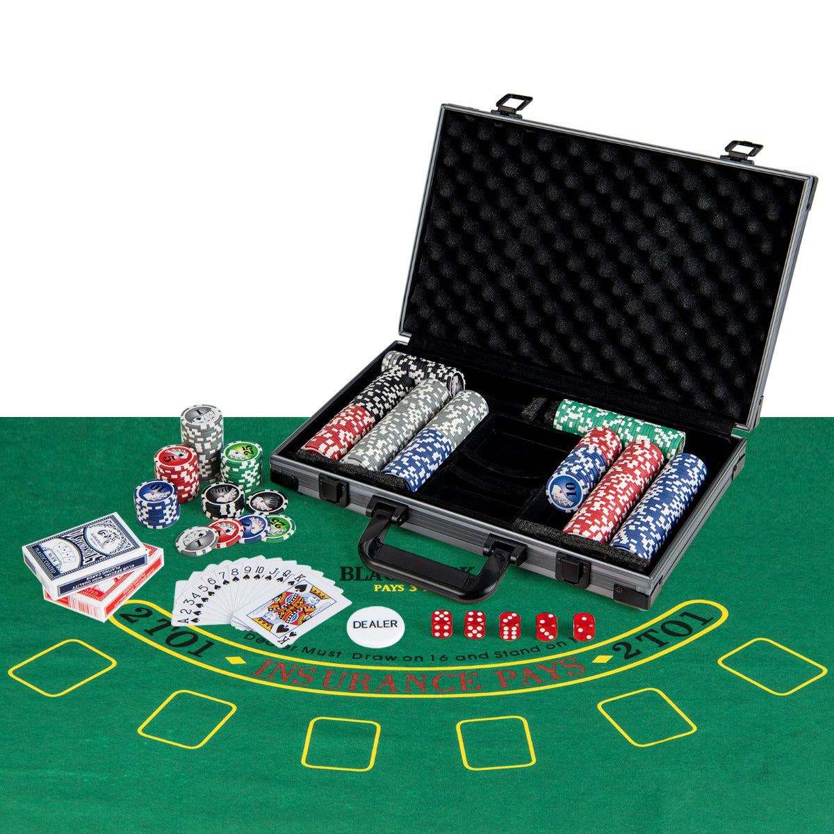 Conjunto de 400 Fichas de Póquer Texas Holdem Casino com 2 Baralhos de Cartas Botão de Dealer 5 Dados Tapete Estojo