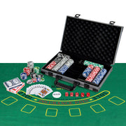 Conjunto de 400 Fichas de Póquer Texas Holdem Casino com 2 Baralhos de Cartas Botão de Dealer 5 Dados Tapete Estojo