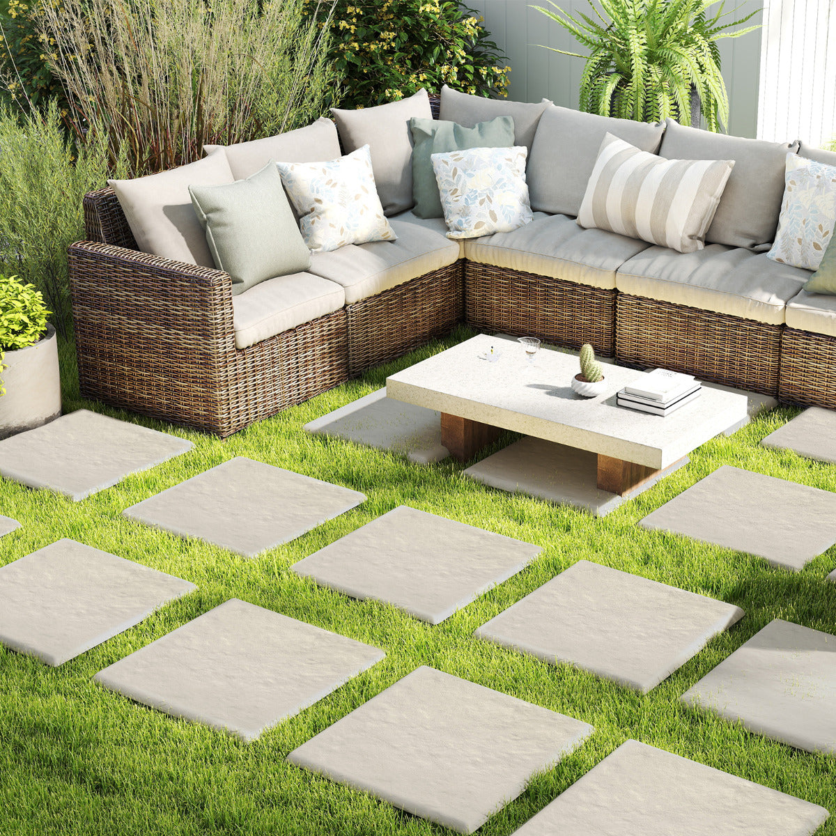 Conjunto de 8 Degraus 39,5 x 39,5 cm com Estacas de Terra Pedras Decorativas para Passadeiras de Jardim Pavimento Exterior Relvado Pátio Bege