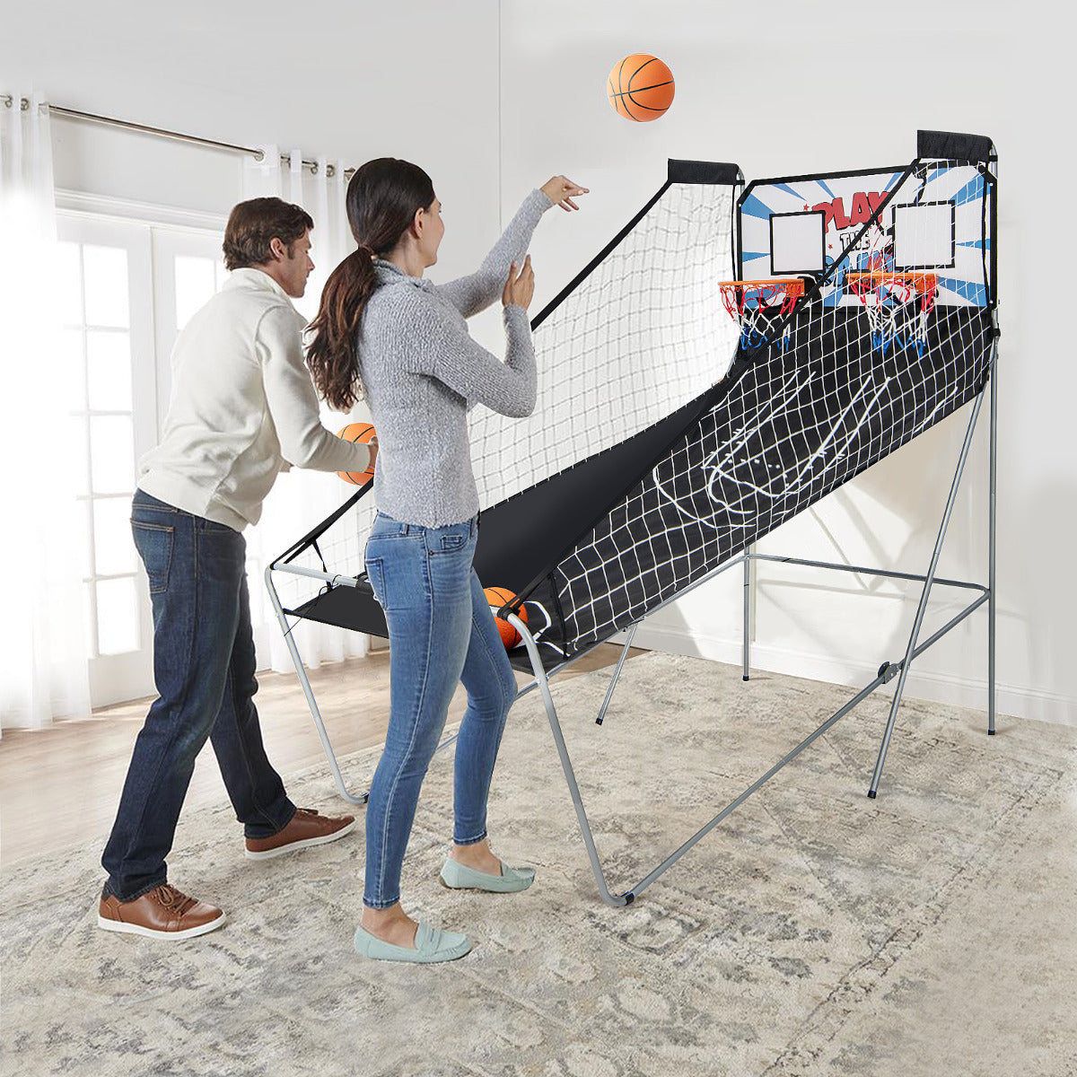 Máquina de Jogo de Basquetebol Dobrável com Contador Eletrónico e Suporte Branco