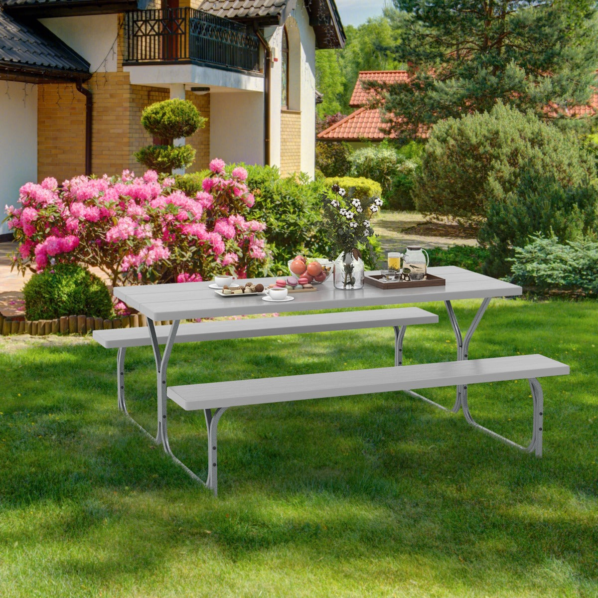 Mesa de Piquenique com Bancos – 183 x 73 x 76 cm – Cinzento – HDPE