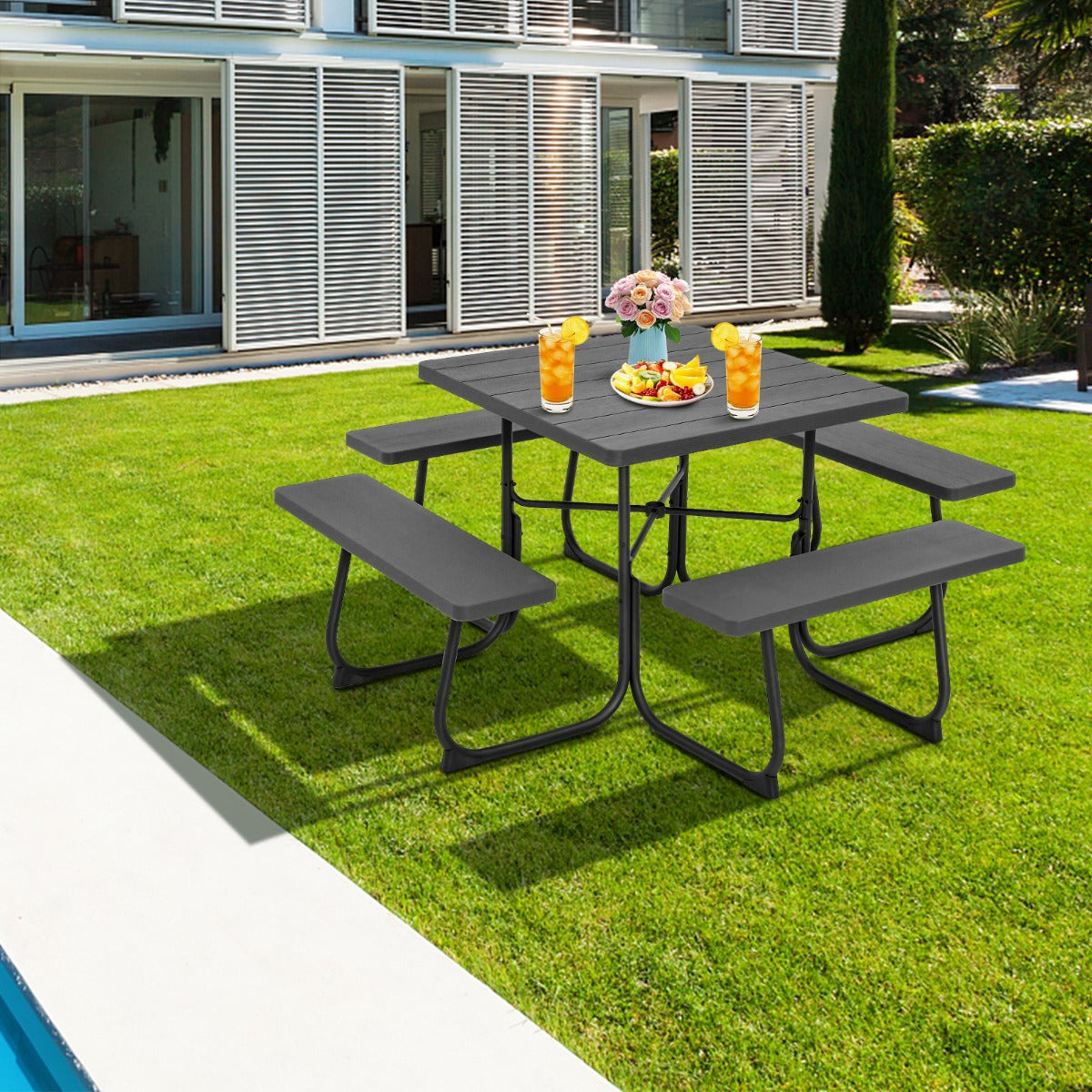 Mesa de Piquenique com Bancos para 8 Pessoas – 109 cm – Preto – HDPE e Metal