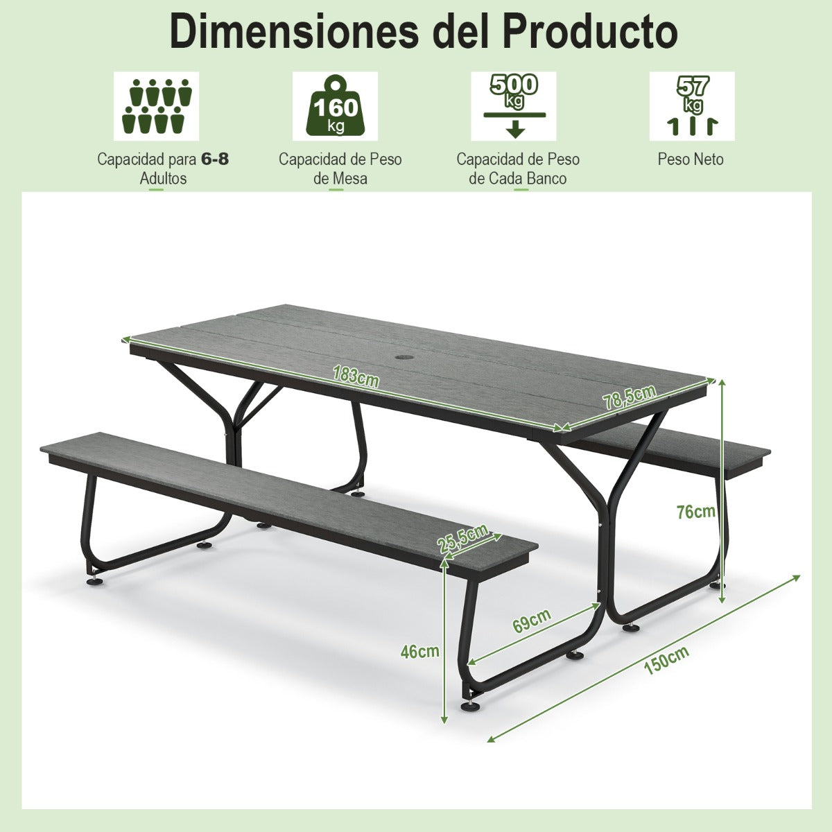 Conjunto de Mesa e 2 Bancos de Picnic – 183 x 150 x 76 cm – Cinzento – Metal e HDPE