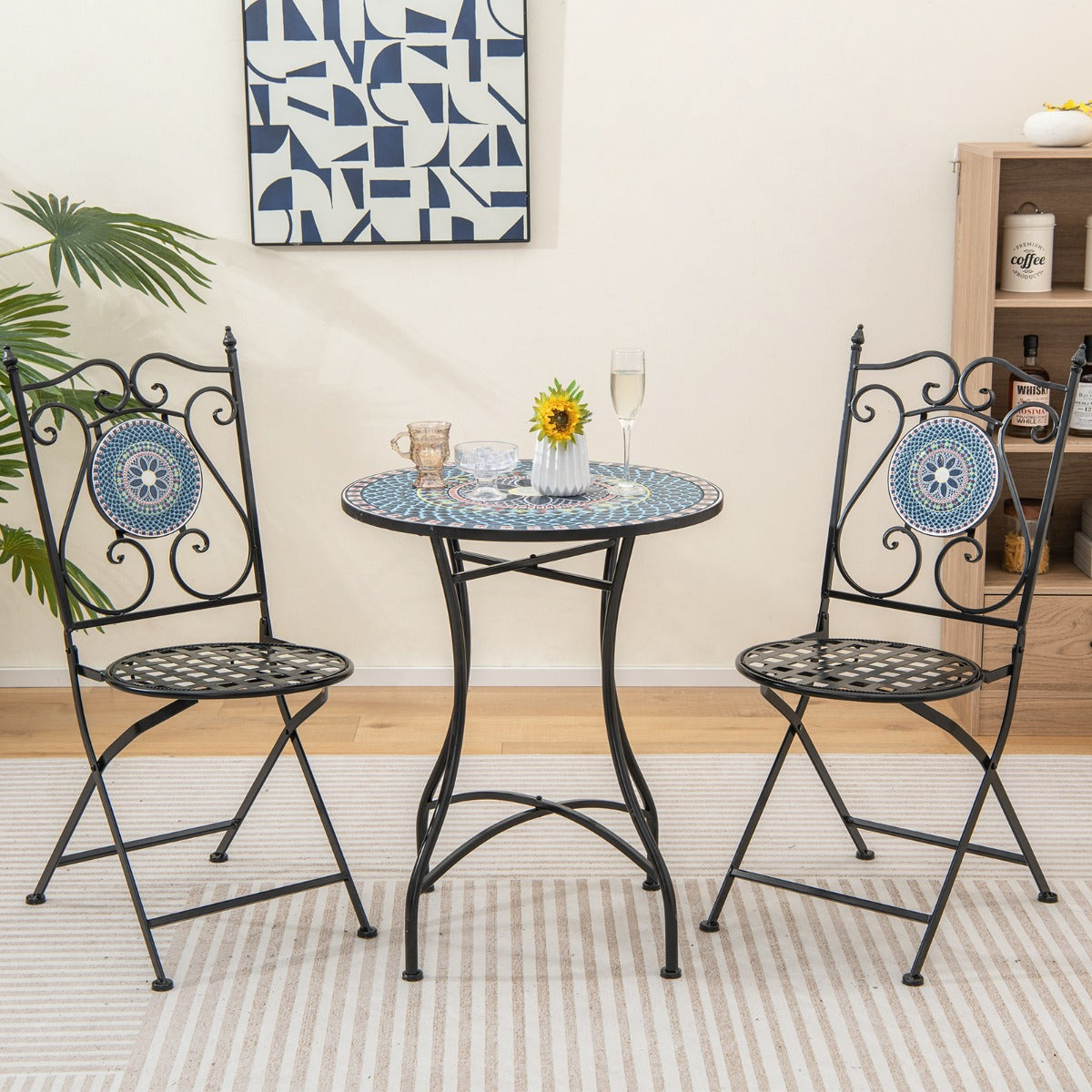 Conjunto de Bistrô Mesa Redonda e 2 Cadeiras Dobráveis – cor Azul – metal