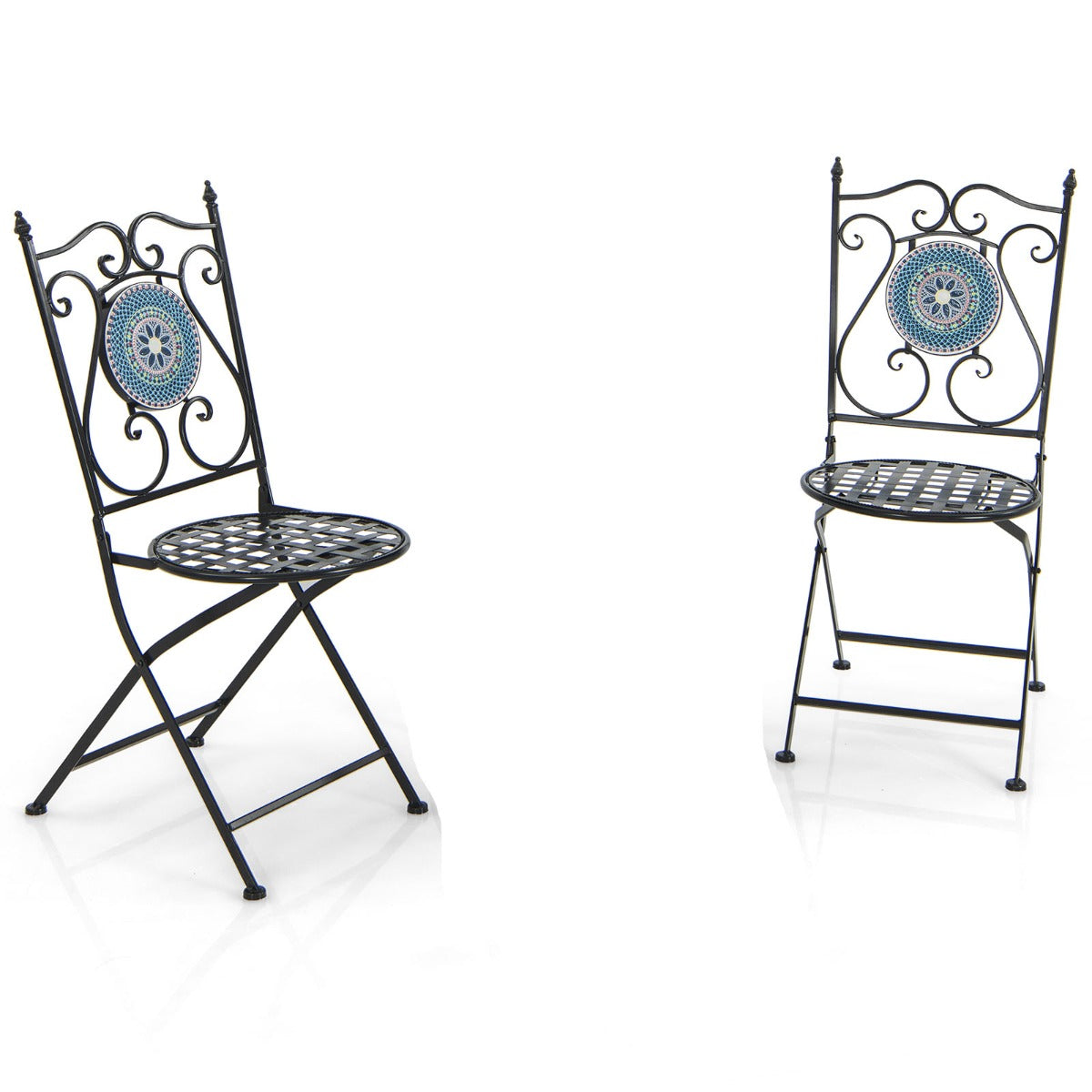 Conjunto de Bistrô Mesa Redonda e 2 Cadeiras Dobráveis – cor Azul – metal