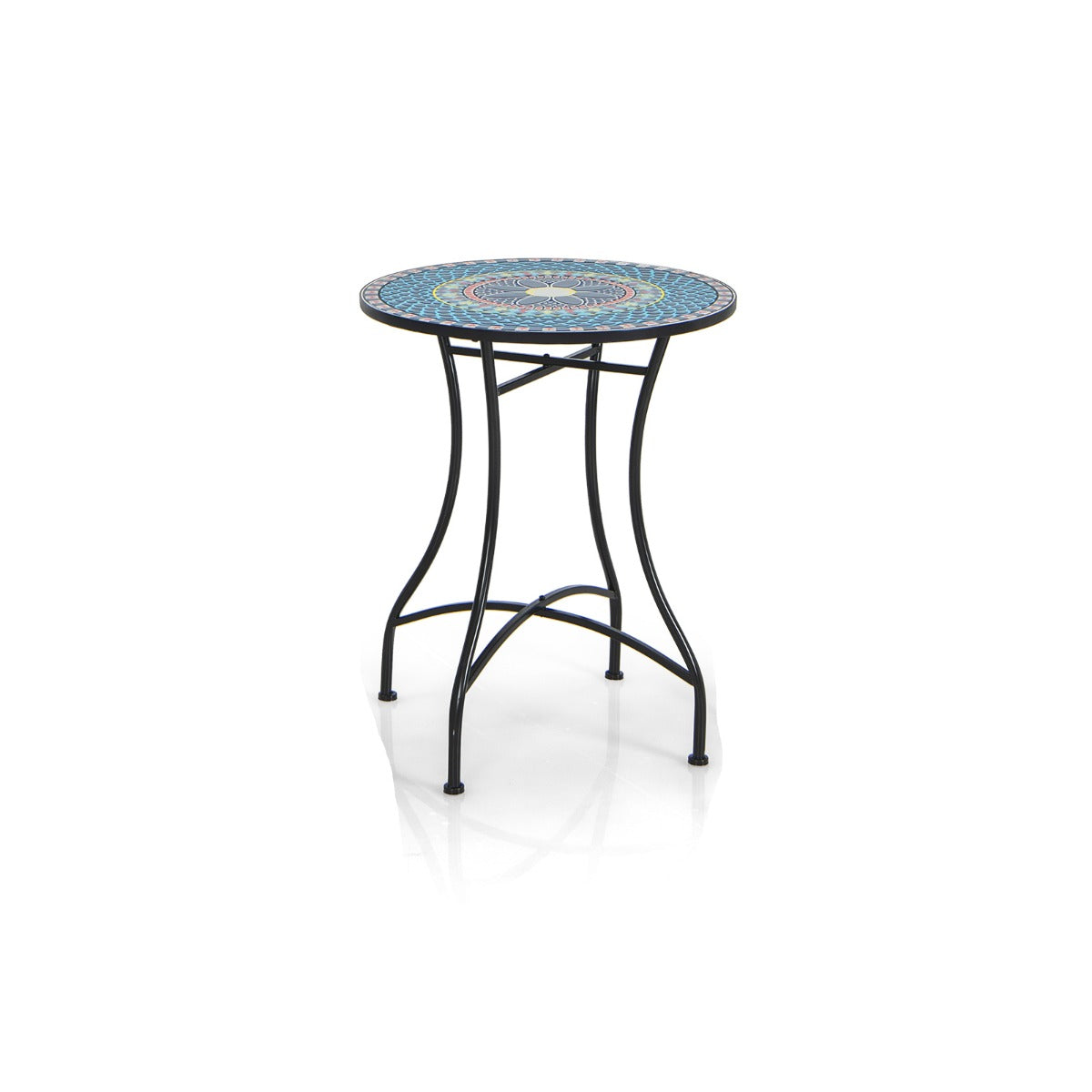 Conjunto de Mesa Redonda e 2 Cadeiras Dobráveis com Padrão de Mosaico Estrutura de Metal Resistente para Interior e Exterior