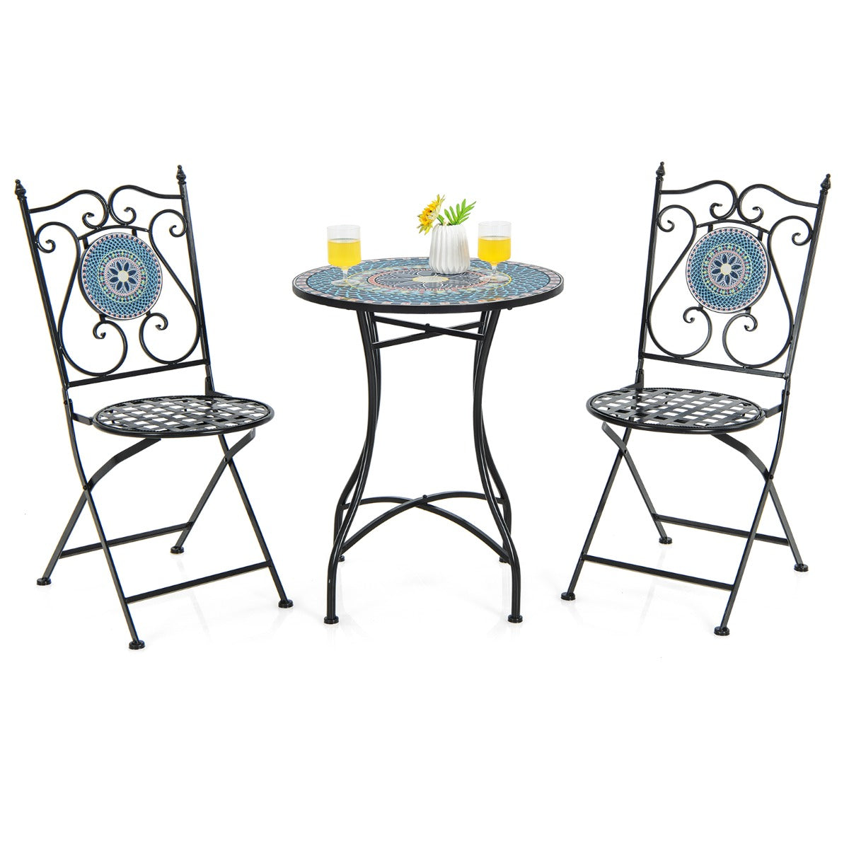 Conjunto de Bistrô Mesa Redonda e 2 Cadeiras Dobráveis – Azul – Metal