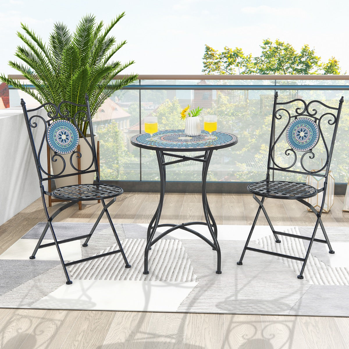 Conjunto de Bistrô Mesa Redonda e 2 Cadeiras Dobráveis – Azul – Metal
