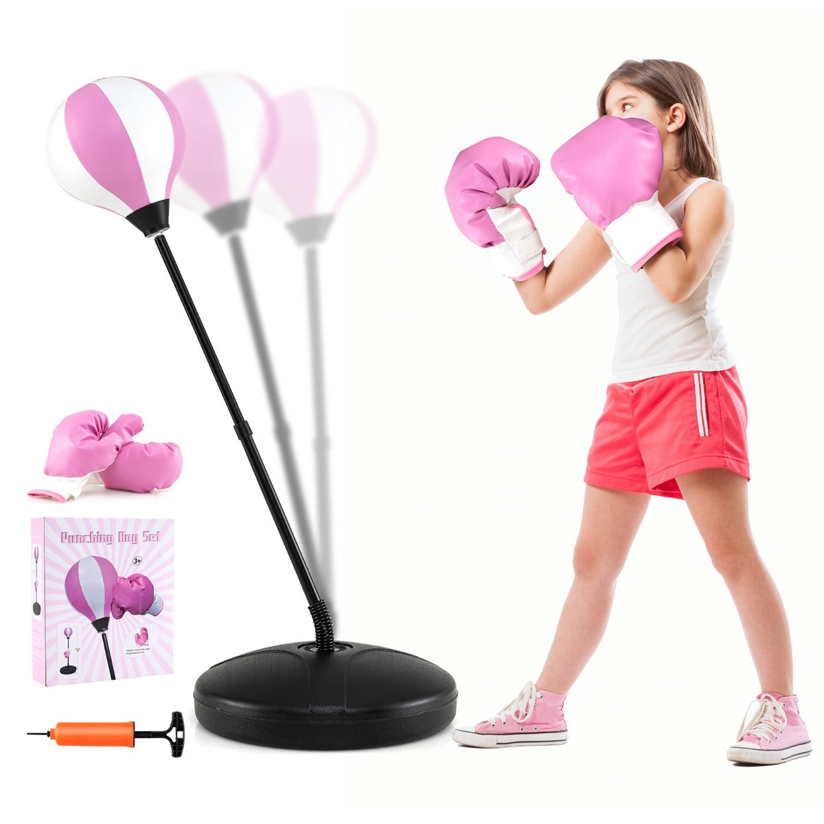 Conjunto de Boxe para Crianças – Altura Ajustável 81-123 cm – Cor-de-Rosa – PE e Couro PVC