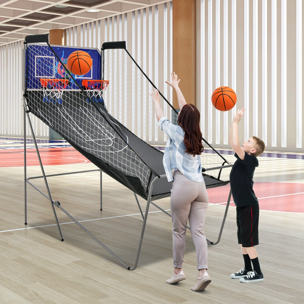 Jogo de Basquetebol Dobrável Máquina de Basquetebol Brinquedo com Contador Eletrónico Cesta com Suporte Rede Azul