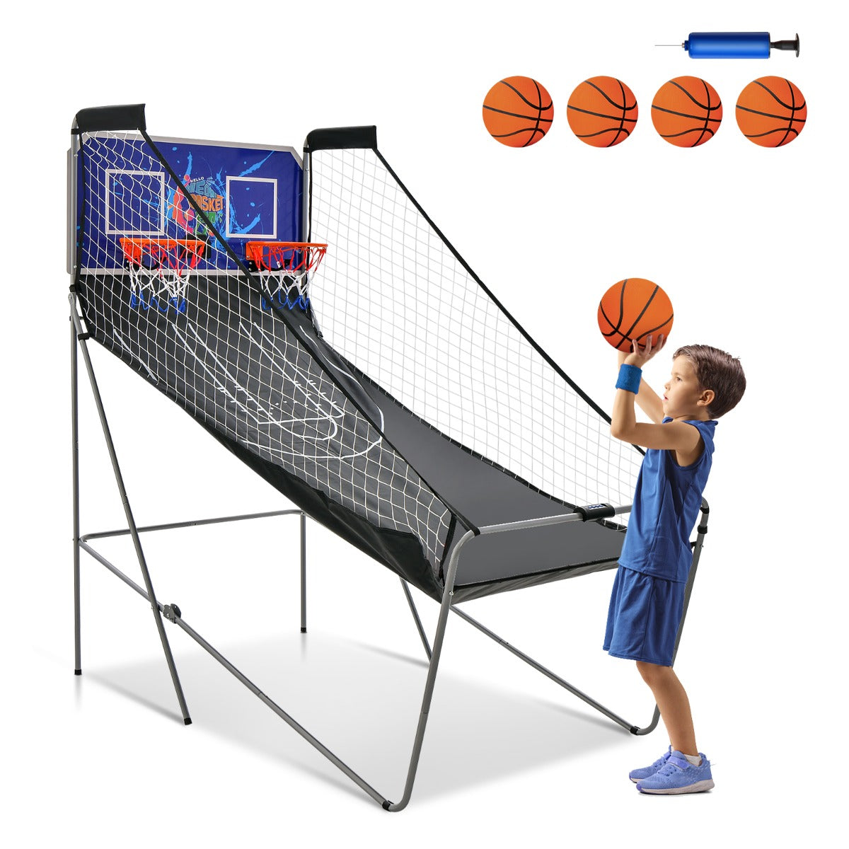 Jogo de Basquetebol Dobrável Máquina de Basquetebol Brinquedo com Contador Eletrónico Cesta com Suporte Rede Azul
