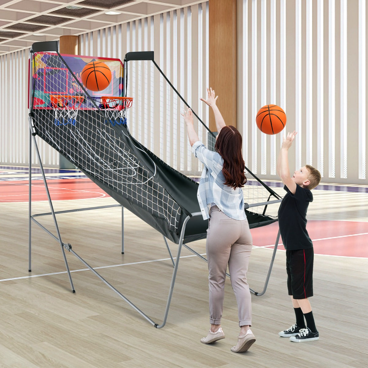 Jogo de Basquetebol Dobrável Máquina de Basquetebol Brinquedo Eletrónico com Contador Cesta de Basquetebol Roxa
