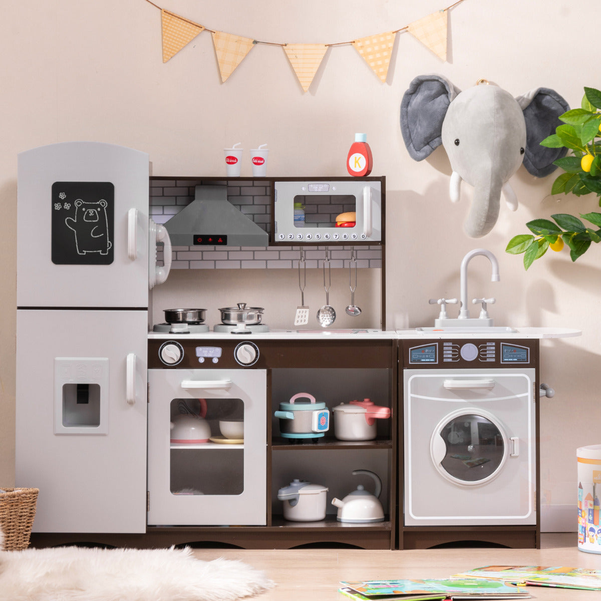 Cozinha de Brincar para Crianças com Luz Sons Fogão Pia Máquina de Gelo Micro-ondas Máquina de Lavar Campainha Acessórios Castanho