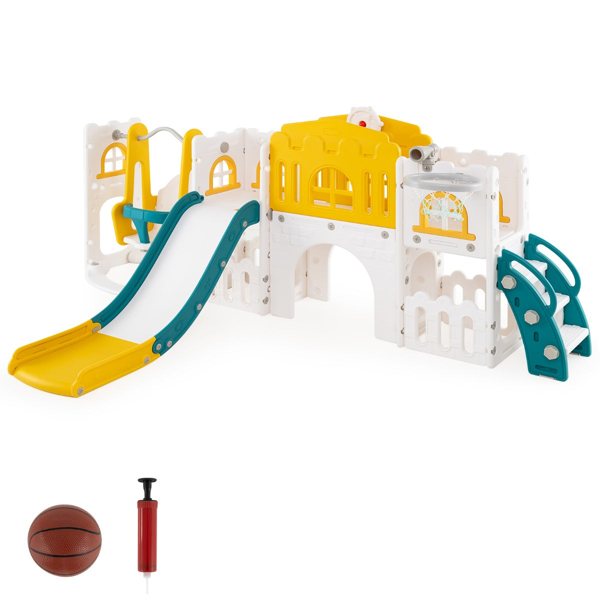 Parque Infantil 10 em 1 com Baloiço e Escorrega para Crianças com Cesto de Basquetebol, Telescópio e Volante - Amarelo