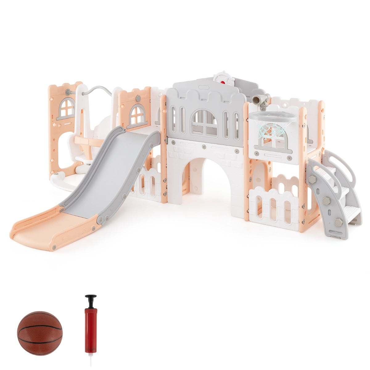 Parque Infantil - Jogo de Baloiço e Escorrega 10 em 1 para Crianças com Cesto de Basquetebol, Telescópio e Volante - Rosa