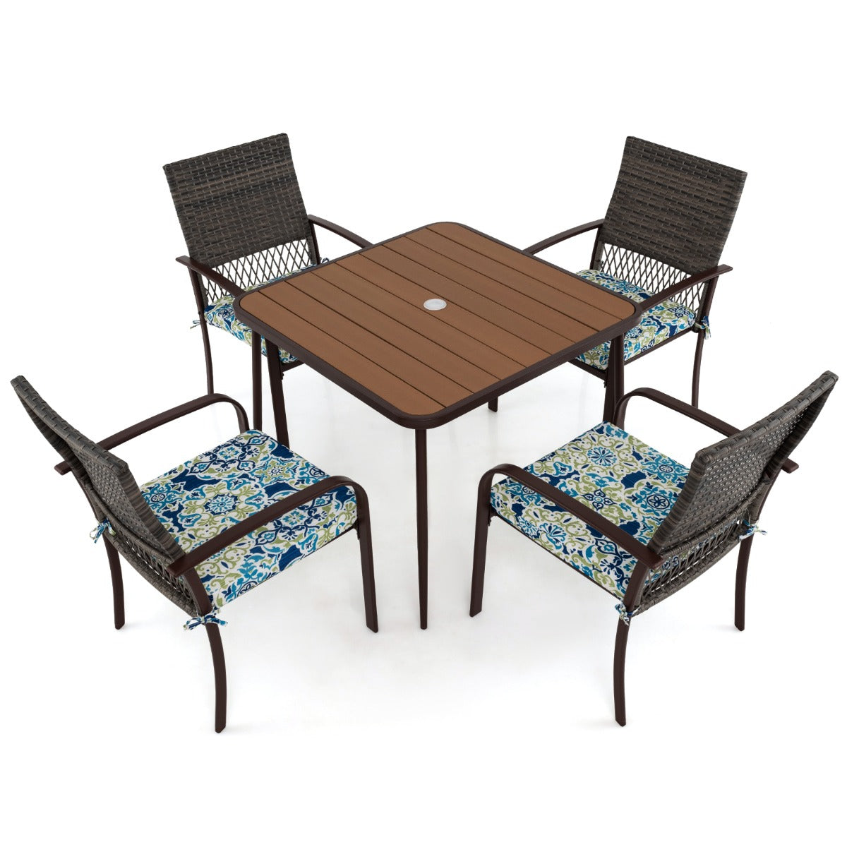 Conjunto de Jantar para Jardim – 4 Cadeiras de Ratan – 1 Mesa Quadrada – Metal