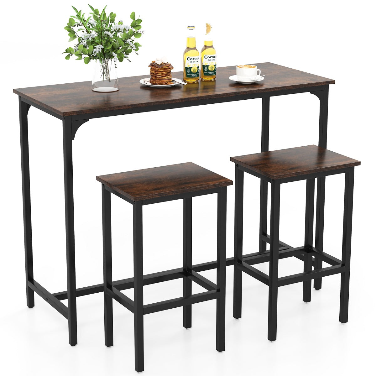 Conjunto de Mesa de Cozinha Industrial de 3 Peças – 120 x 48 x 91 cm (Mesa) – Castanho – Metal e Madeira de Engenharia