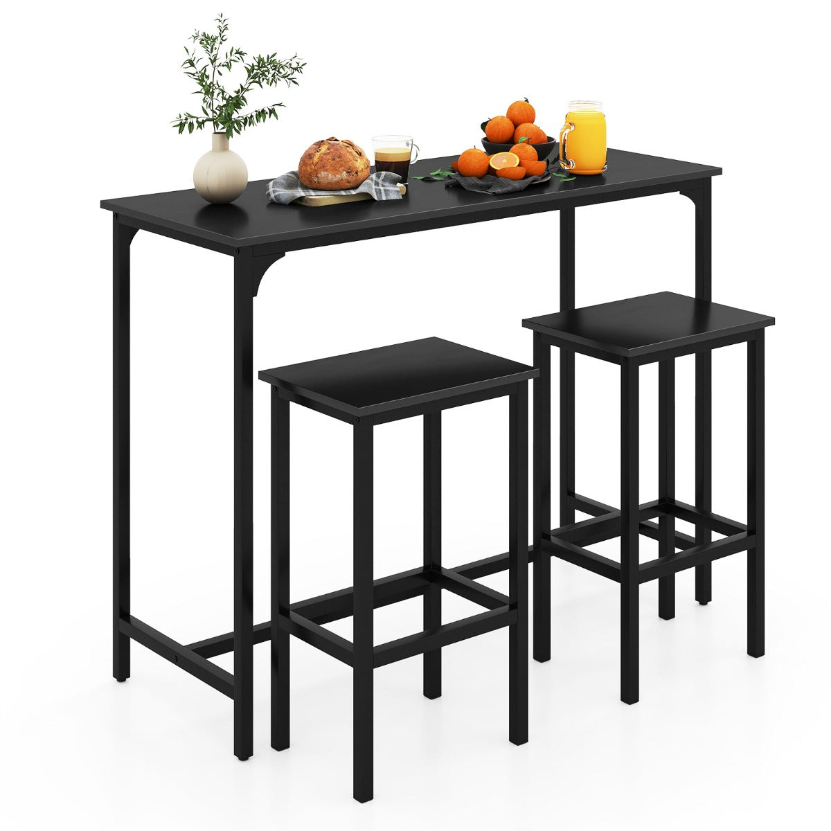 Conjunto de Mesa de Cozinha Industrial de 3 Peças – 120 x 48 x 91 cm – Preto – Metal e Madeira