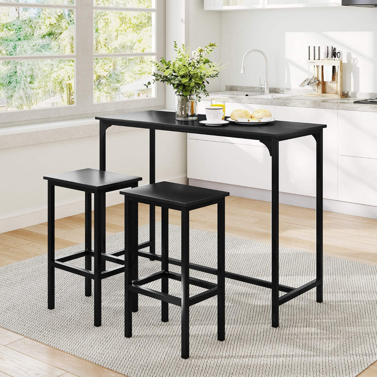 Conjunto de Mesa de Cozinha Industrial de 3 Peças – 120 x 48 x 91 cm – Preto – Metal e Madeira