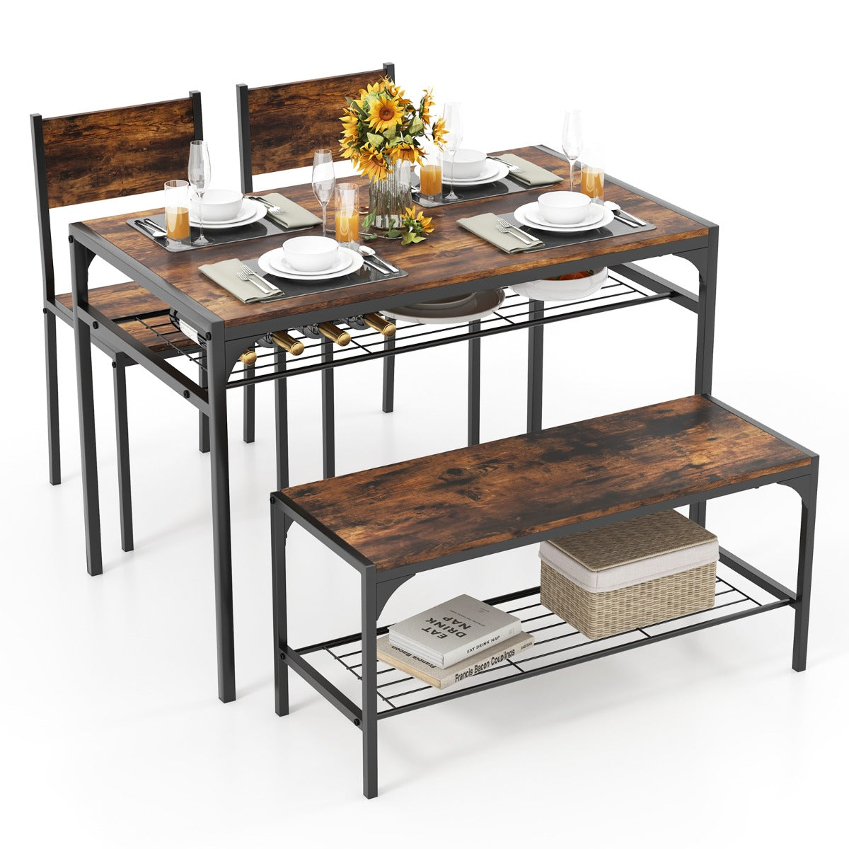 Conjunto de Mesa de Jantar Industrial e 2 Cadeiras de Jantar de 4 Peças com Estrutura em Metal e Prateleira Moderna para Sala de Jantar e Cozinha - Castanho
