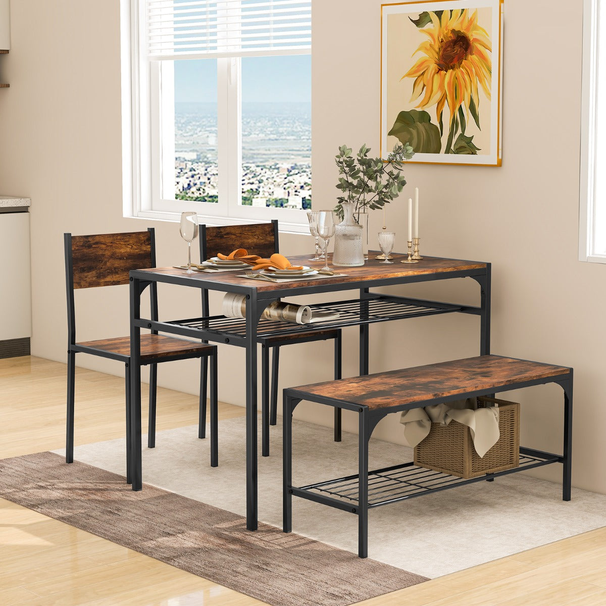 Conjunto de Mesa de Jantar Industrial e 2 Cadeiras de Jantar de 4 Peças com Estrutura em Metal e Prateleira Moderna para Sala de Jantar e Cozinha - Castanho