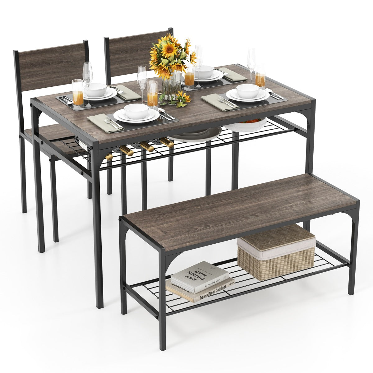 Conjunto de Mesa de Jantar Industrial e 2 Cadeiras de Jantar de 4 Peças com Estrutura de Metal e Prateleira Moderna para Sala de Jantar e Cozinha Cinzenta