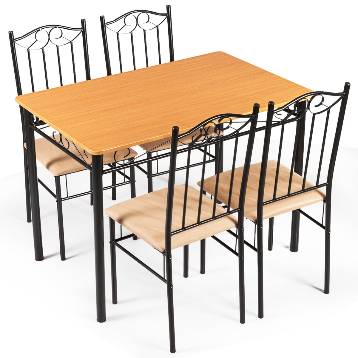 Conjunto de Mesa de Cozinha com 4 Cadeiras Estrutura em Metal para Casa Restaurante Natural e Preto