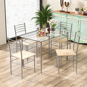 Conjunto de Sala de Jantar com 1 Mesa Retangular de Vidro e 4 Cadeiras com Estrutura de Metal Antioxidante