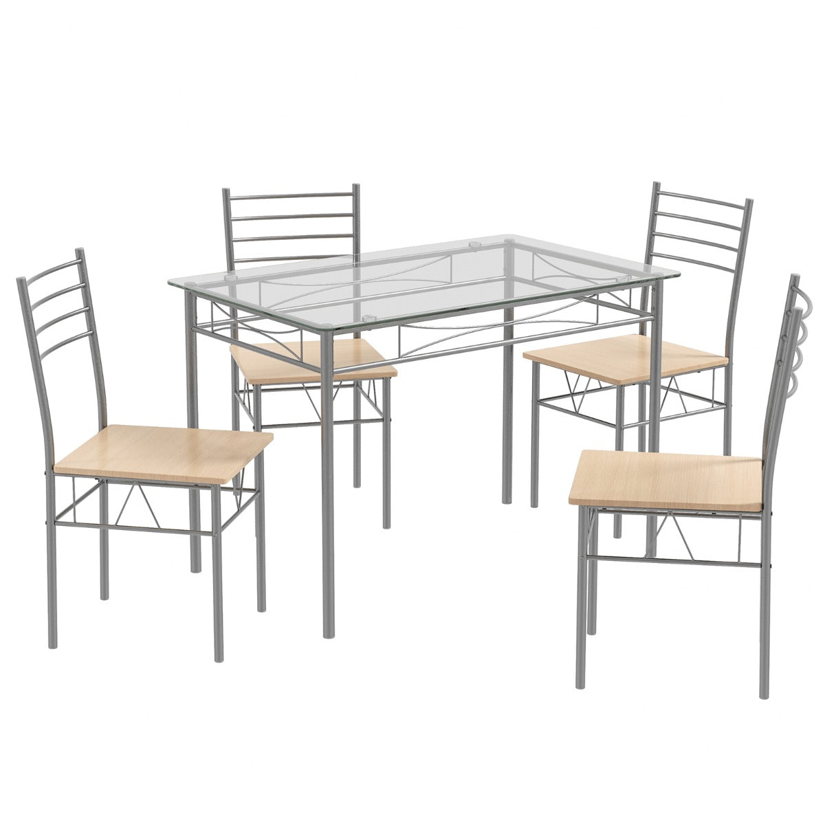 Conjunto de Sala de Jantar com 1 Mesa Retangular de Vidro e 4 Cadeiras com Estrutura de Metal Antioxidante