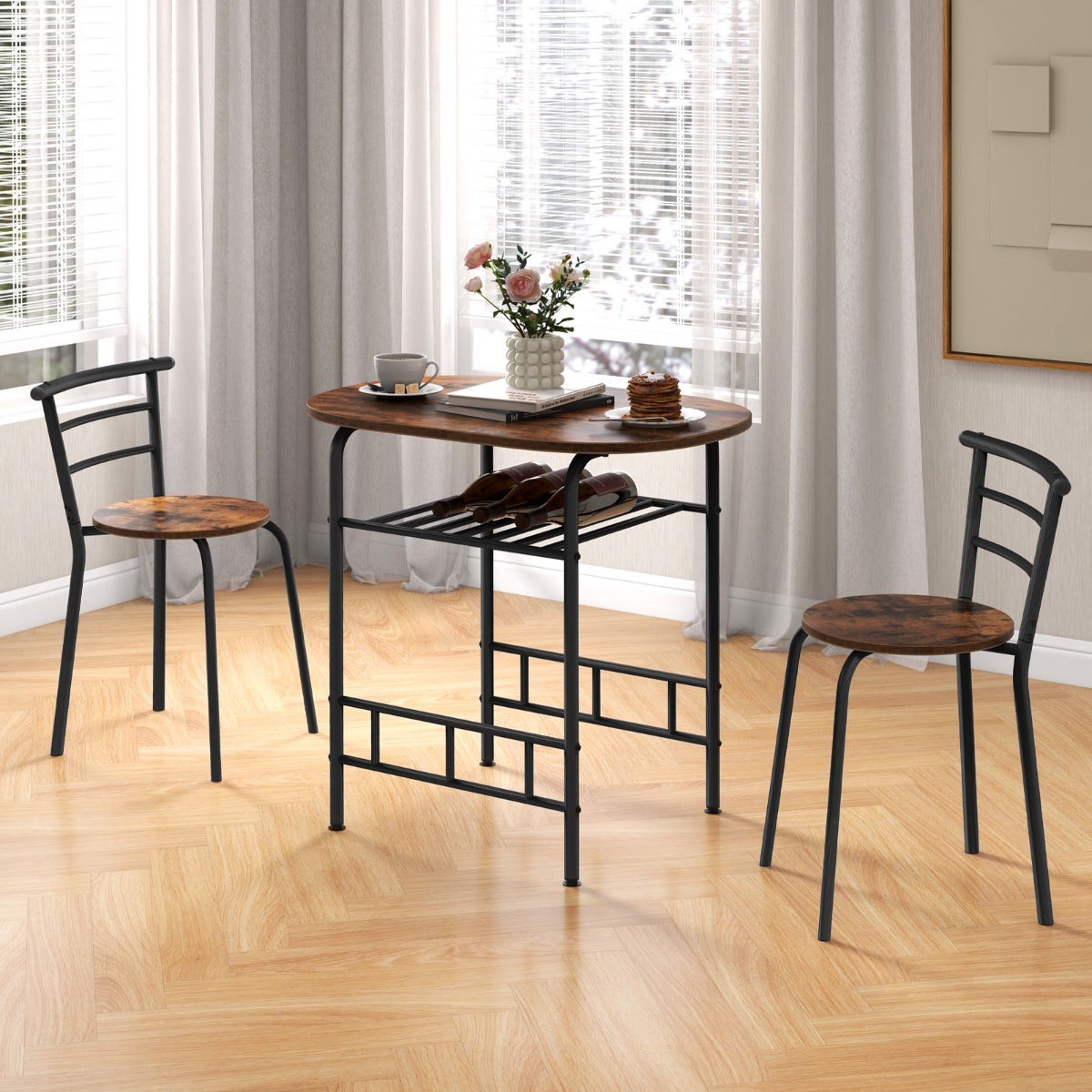 Conjunto de Mesa de Cozinha de 3 Peças com Mesa de Jantar Cadeiras Tampo de Madeira Veada Suporte para Garrafas Adicional Estrutura em Metal Castanho