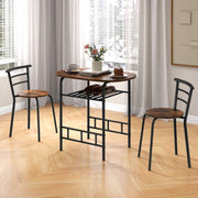 Conjunto de Mesa de Cozinha de 3 Peças com Mesa de Jantar Cadeiras Tampo de Madeira Veada Suporte para Garrafas Adicional Estrutura em Metal Castanho