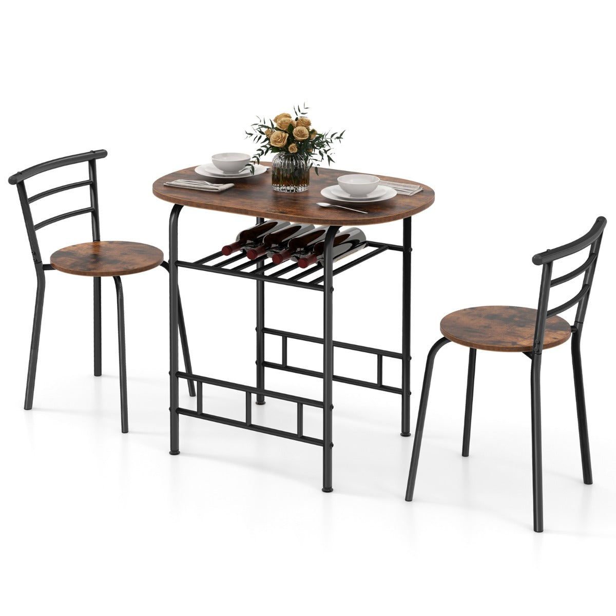 Conjunto de Mesa de Cozinha de 3 Peças com Mesa de Jantar Cadeiras Tampo de Madeira Veada Suporte para Garrafas Adicional Estrutura em Metal Castanho