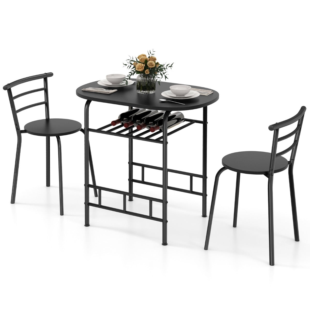 Conjunto de Mesa de Jantar de 3 Peças com Mesa de Cozinha Cadeiras Tampo de Mesa em Madeira Veinada Suporte para Garrafas Adicional Estrutura em Metal Preto