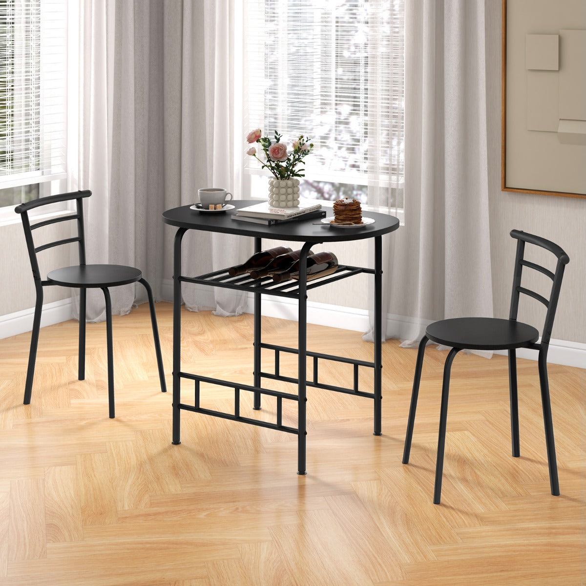Conjunto de Mesa de Jantar de 3 Peças com Mesa de Cozinha Cadeiras Tampo de Mesa em Madeira Veinada Suporte para Garrafas Adicional Estrutura em Metal Preto