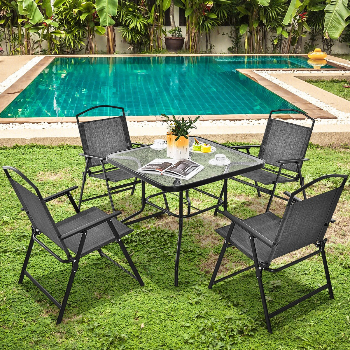 Conjunto de Mesa de Jantar e 4 Cadeiras Dobráveis – 86 x 86 x 70 cm, 59 x 69 x 89 cm – Cinzento – Metal e Vidro Temperado