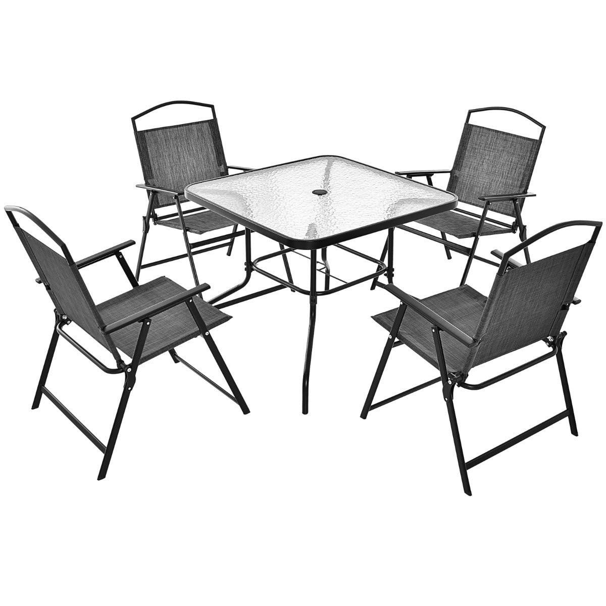 Conjunto de Mesa de Jantar e 4 Cadeiras Dobráveis – 86 x 86 x 70 cm, 59 x 69 x 89 cm – Cinzento – Metal e Vidro Temperado