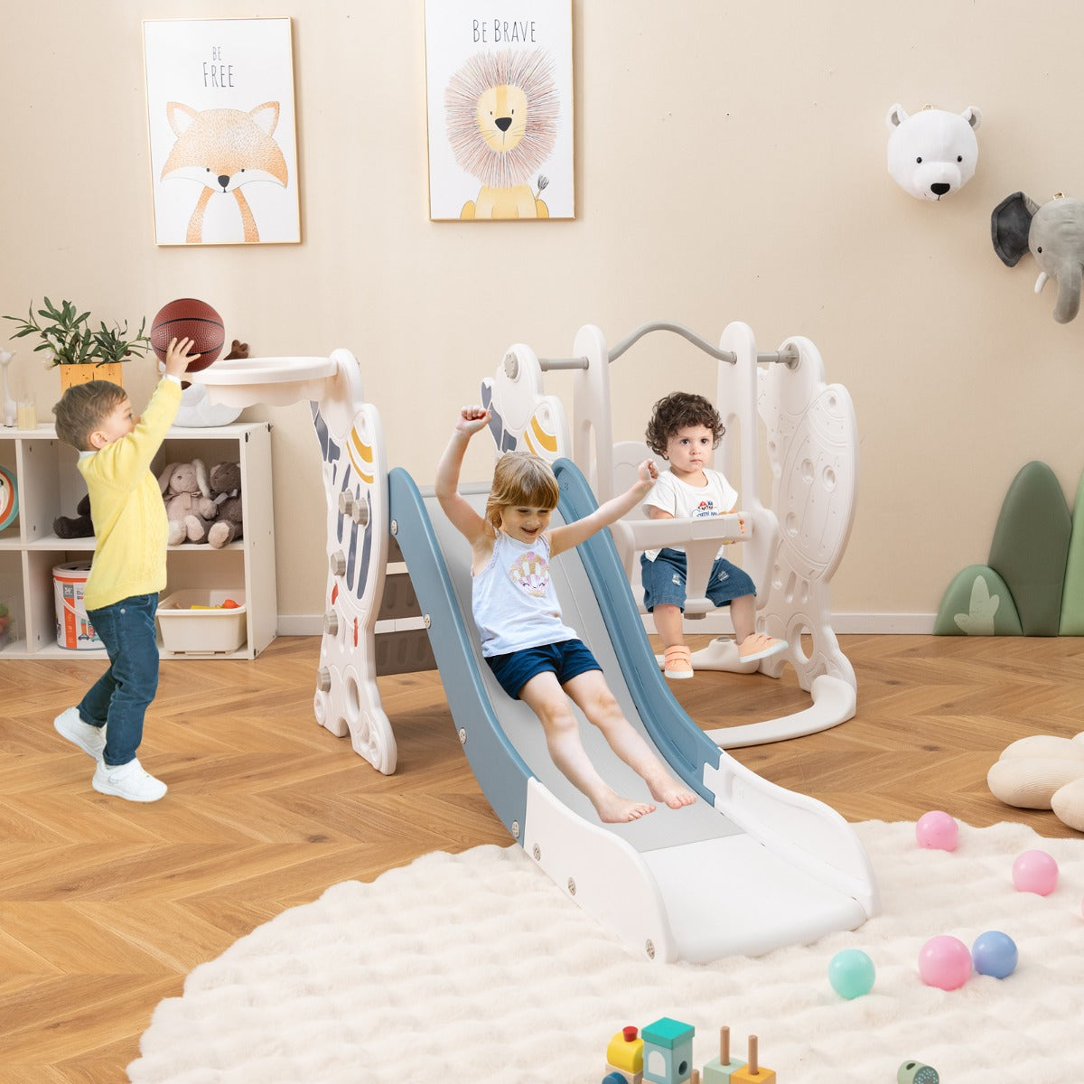Parque Infantil Interior 4 em 1 com Deslizador e Columpio – Azul