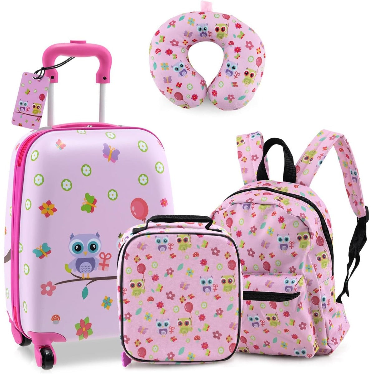 Conjunto de 5 Peças de Malas com Bagagem de Mão Giratória Rígida 38 cm Mochila 33 cm Almofada de Pescoço Coruja