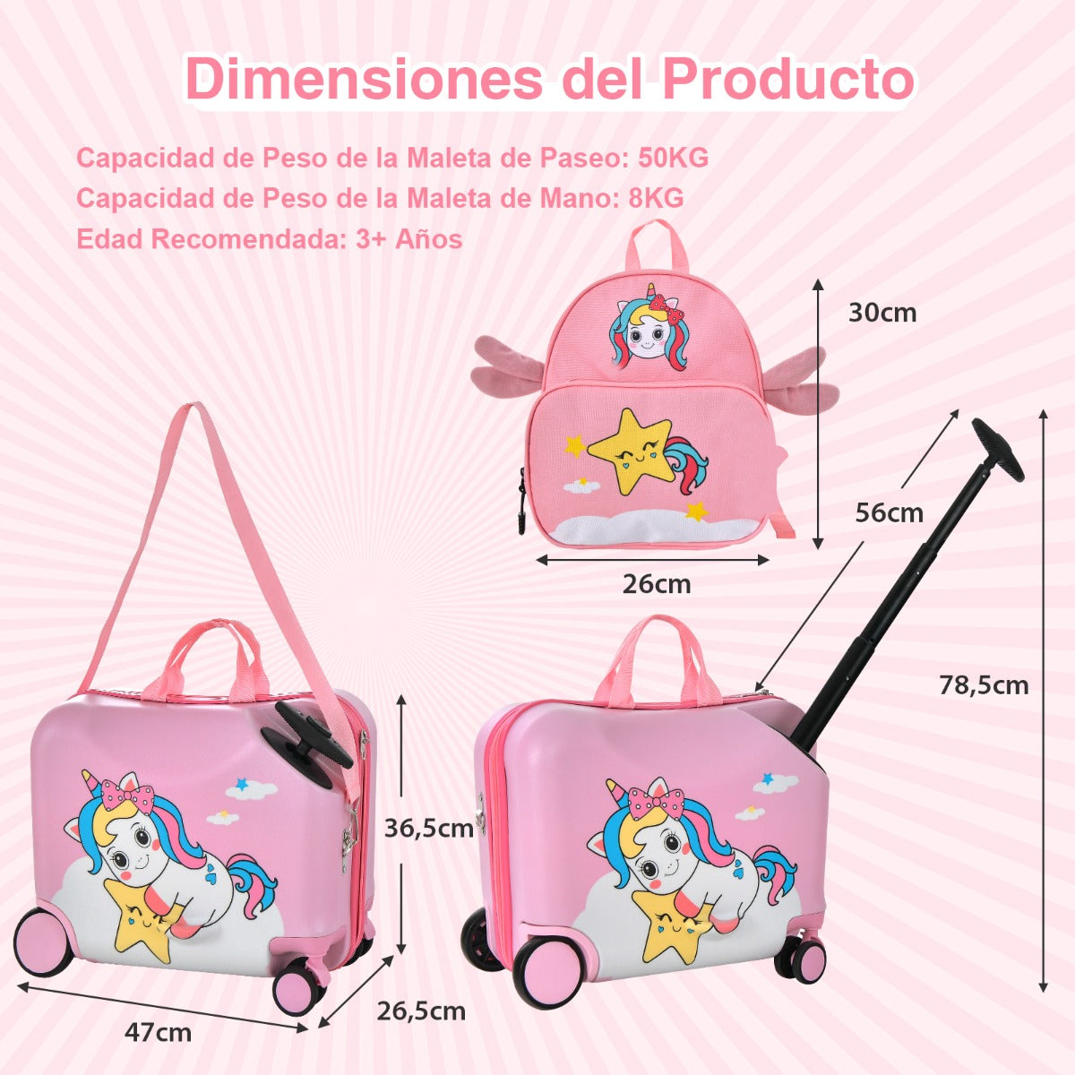 Conjunto de Bagagem para Crianças – Mala de 46 cm e Mochila de 30 cm – Cor-de-Rosa – ABS e PC