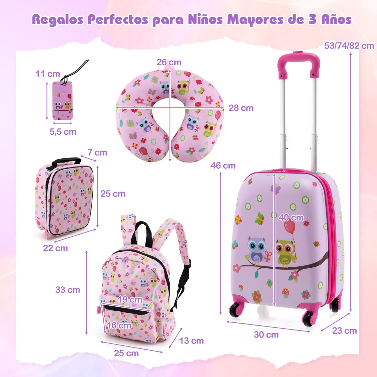 Conjunto de Bagagem para Crianças – 5 Peças – Rosa Claro – Poliéster e ABS