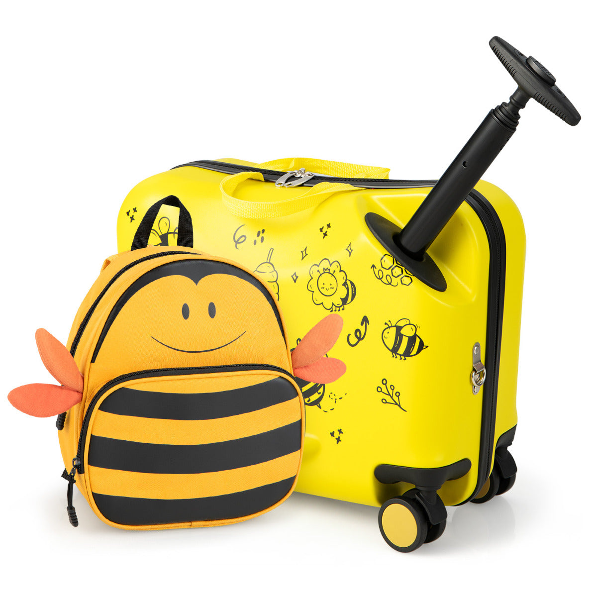 Conjunto de Bagagem para Crianças de 2 Peças - Mala Montável 18" e Mochila 12" com Rodas Casca Dura Impermeável Amarelo