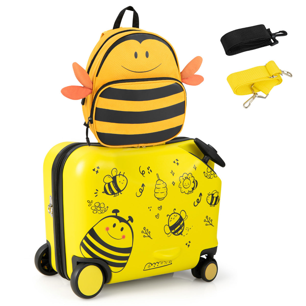 Conjunto de Bagagem para Crianças de 2 Peças - Mala Montável 18" e Mochila 12" com Rodas Casca Dura Impermeável Amarelo