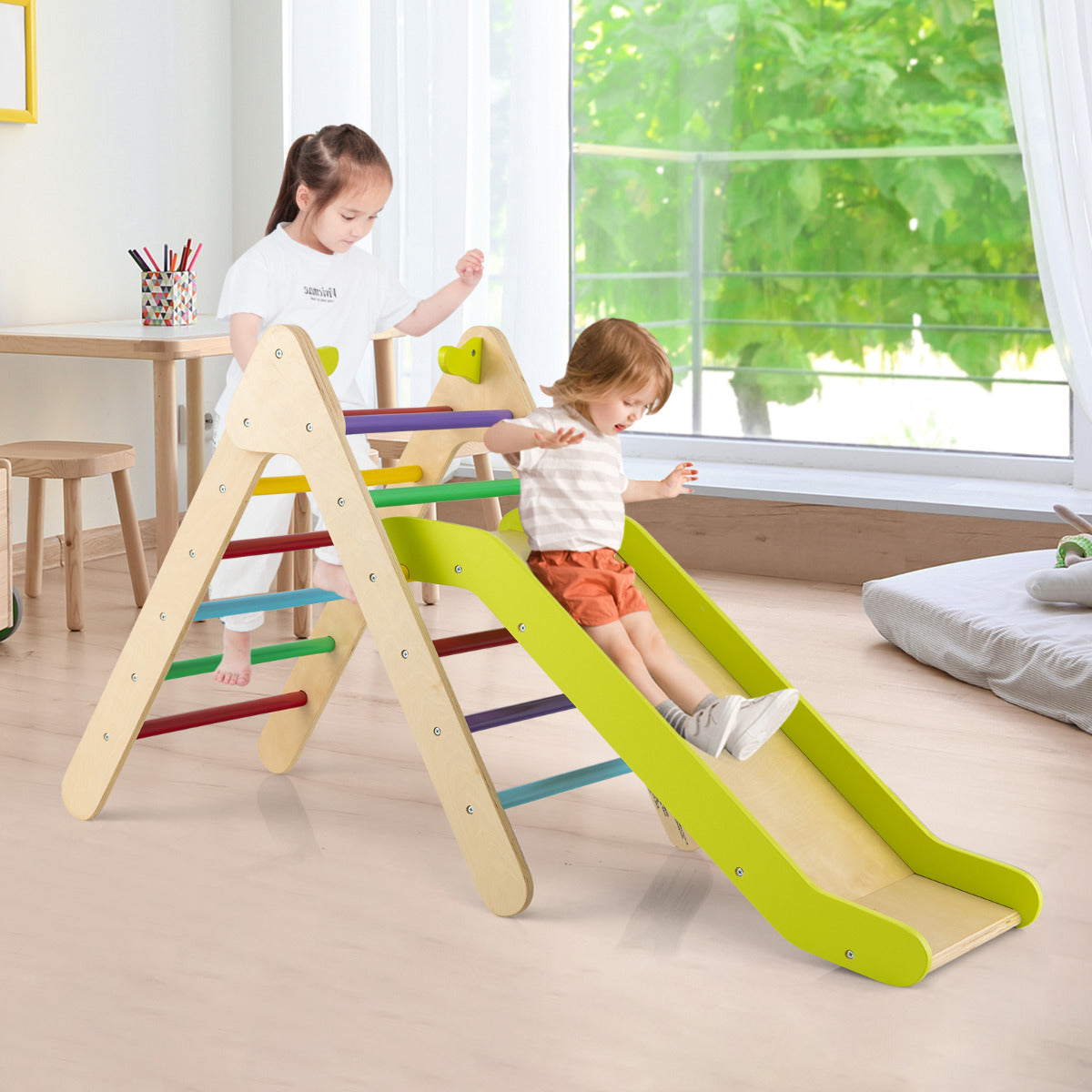 Jogo de Escalada Triangular 2 em 1 com Escorrega Ajustável Brinquedo Escalador de Madeira para Interior e Exterior para Crianças 1+ Ano Multicolor
