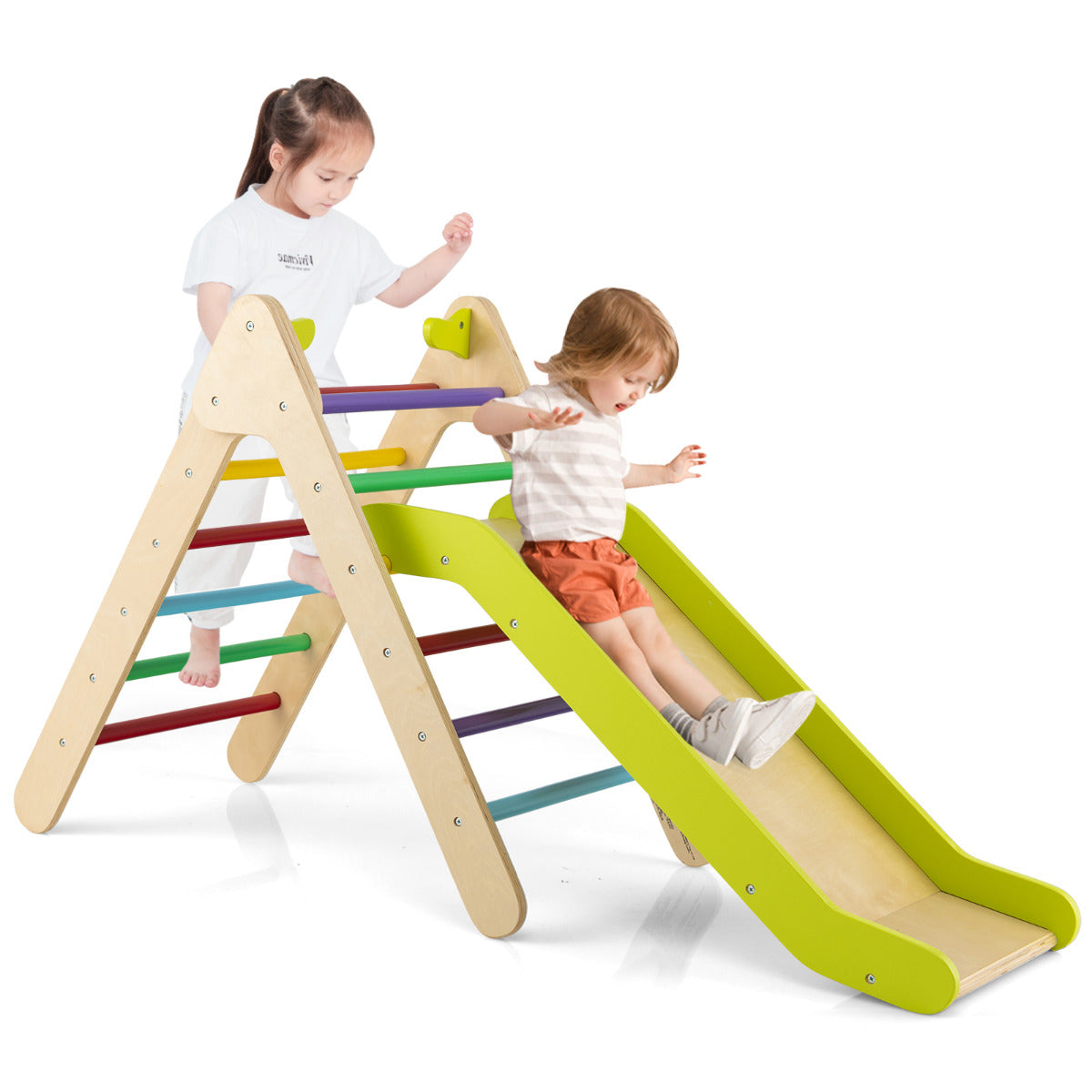 Jogo de Escalada Triangular 2 em 1 com Escorrega Ajustável Brinquedo Escalador de Madeira para Interior e Exterior para Crianças 1+ Ano Multicolor