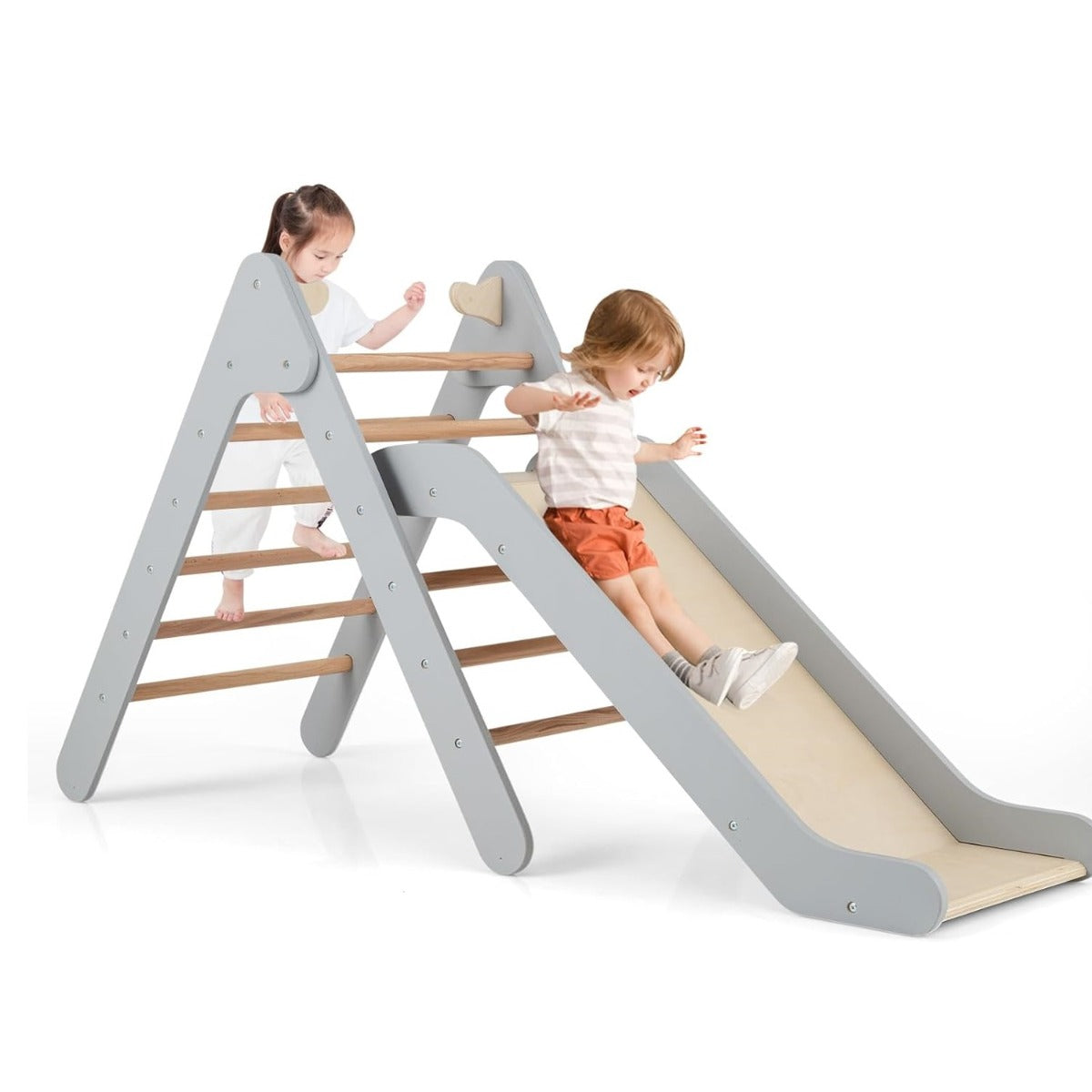 Brinquedo Escalador de Madeira Triangular 2 em 1 com Tobogã Ajustável – Cinzento