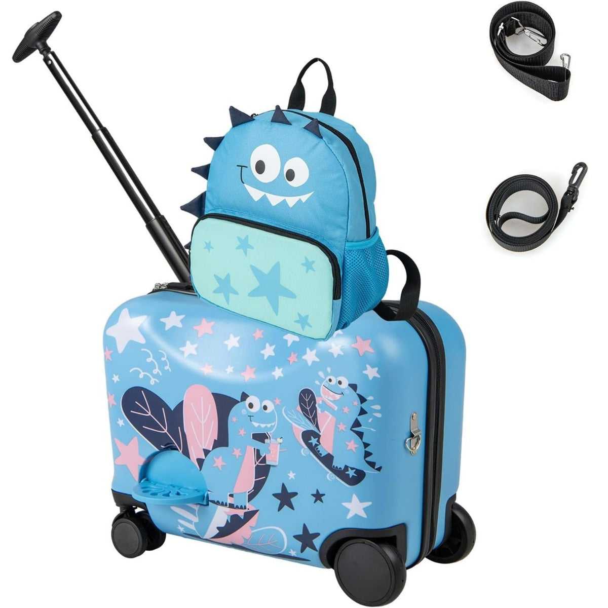 Conjunto de Bagagem para Crianças Mala Trotinete 40L Trolley com Rodas Trotinete 18" Mala + Mochila Infantil Dinossauro Azul