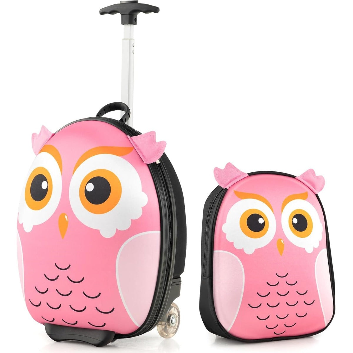 Conjunto de Malas Infantis com Mochila de Viagem de Grande Capacidade com Rodas 16'' Mala + 12'' Mochila Coruja Rosa