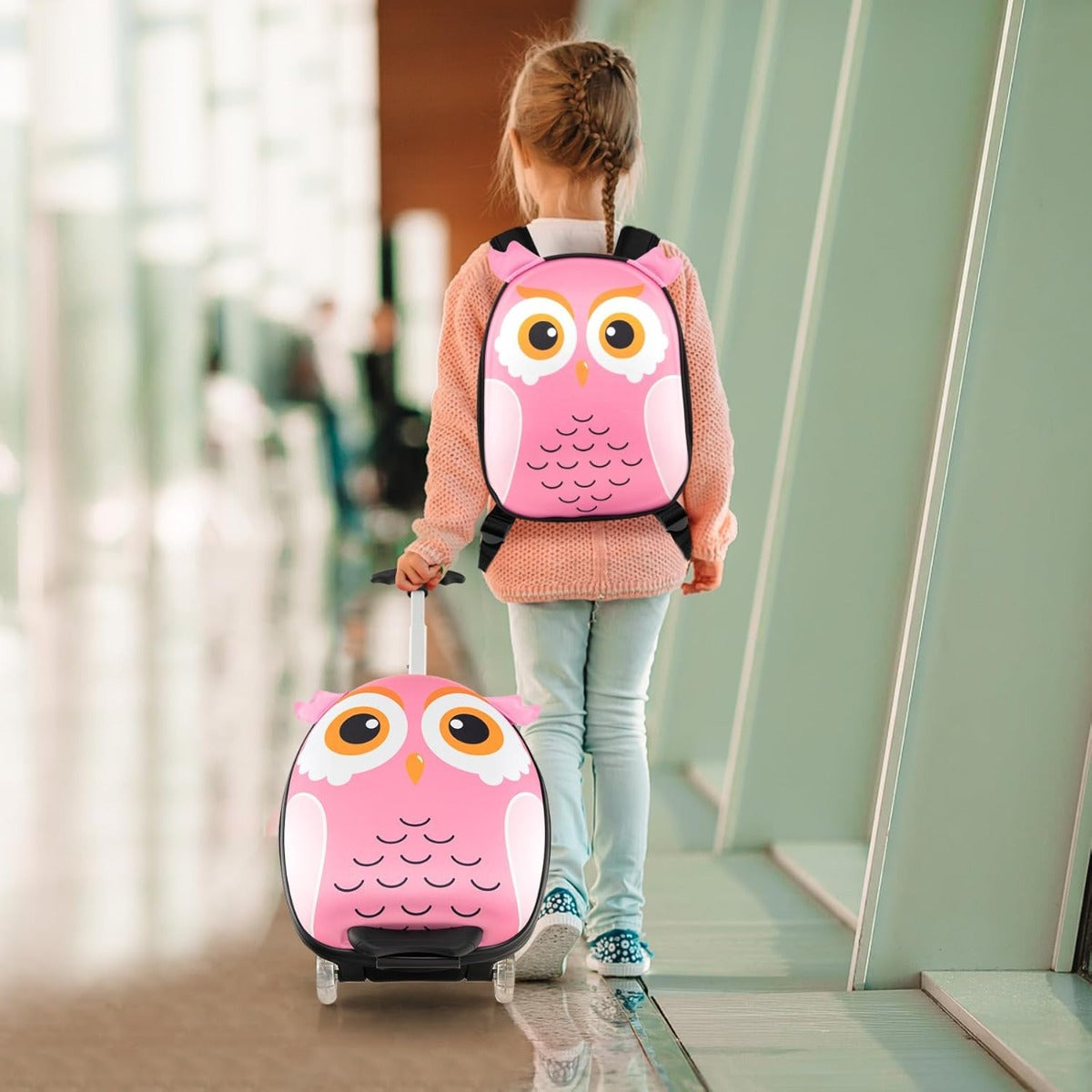 Conjunto de Malas Infantis com Mochila de Viagem de Grande Capacidade com Rodas 16'' Mala + 12'' Mochila Coruja Rosa