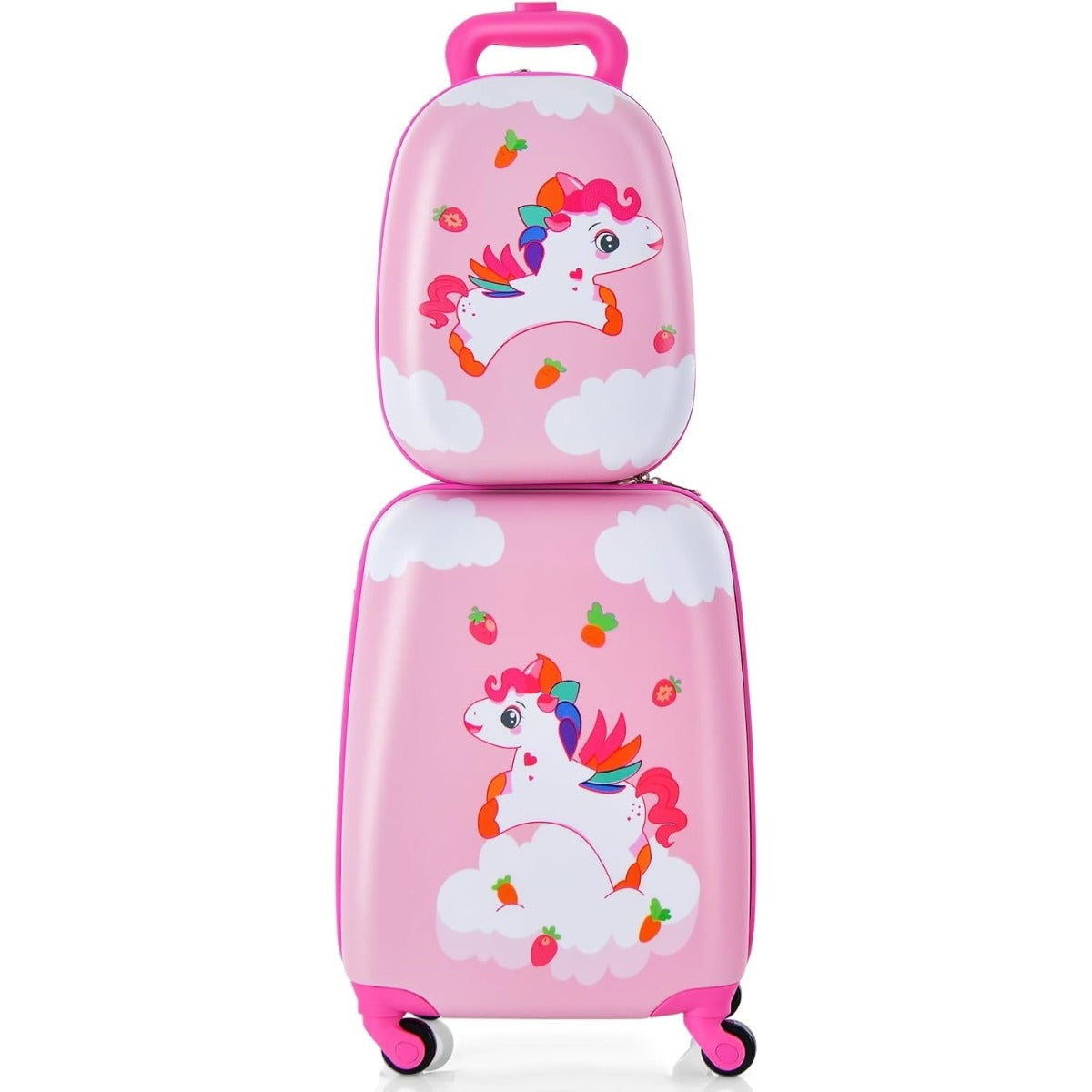Conjunto de 2 Peças de Bagagem Infantil 2 em 1, Mala + Mochila com 4 Rodas Giratórias, Pega Retrátil, Duplo Zíper e Filme PC, Malas de Viagem Infantis, Presente para Crianças (Modelo 1)
